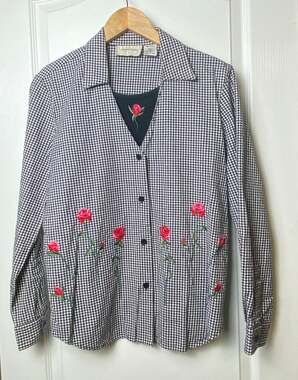 Lemon Grass Black Gingham Floral Embroidered Coquette Cottagecore Top Size Small